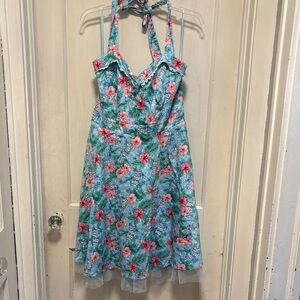 Hot Topic Hawaiian Tiki Floral Halter Pin Up Fit And Flare Dress X-Large